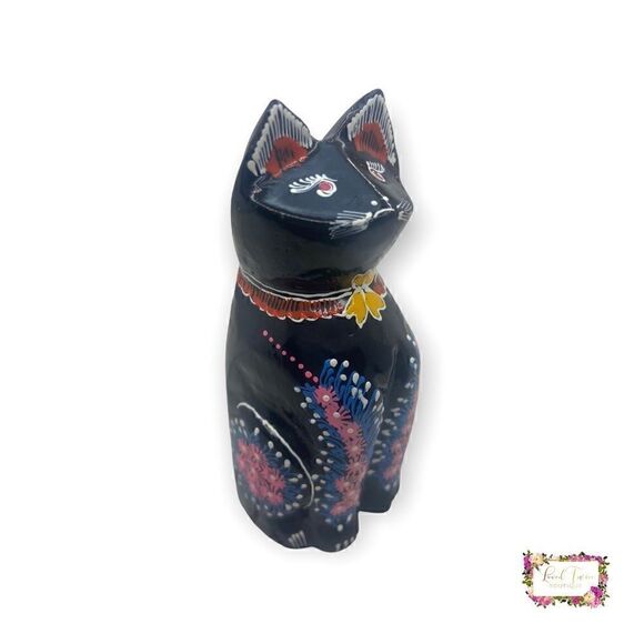 Vintage Lacquer Black Cat Figurine Hand Painted - Picture 7 of 12
